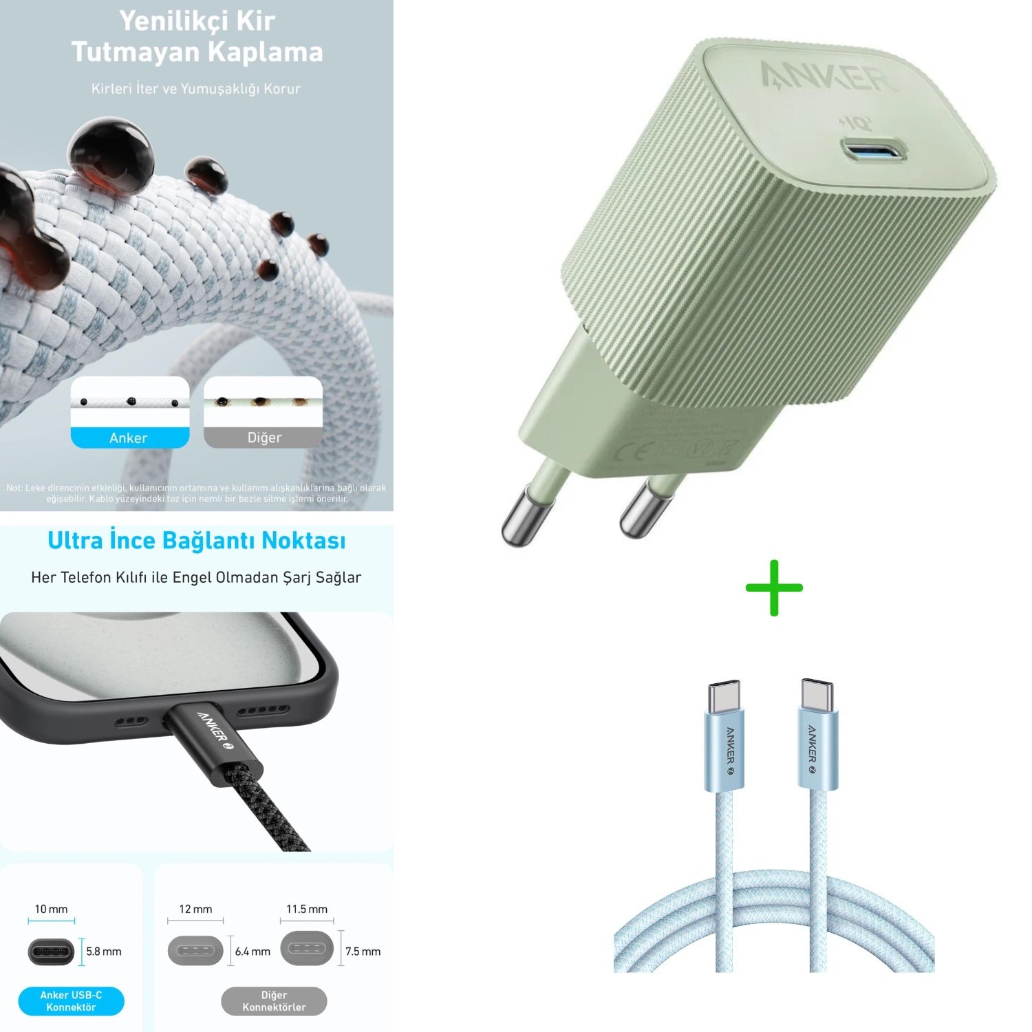 Anker511 Nano Usb-c 30w Şarj Yeşil A2337+Zolo Usb-C To Usb-C Örgülü Kablo 1M